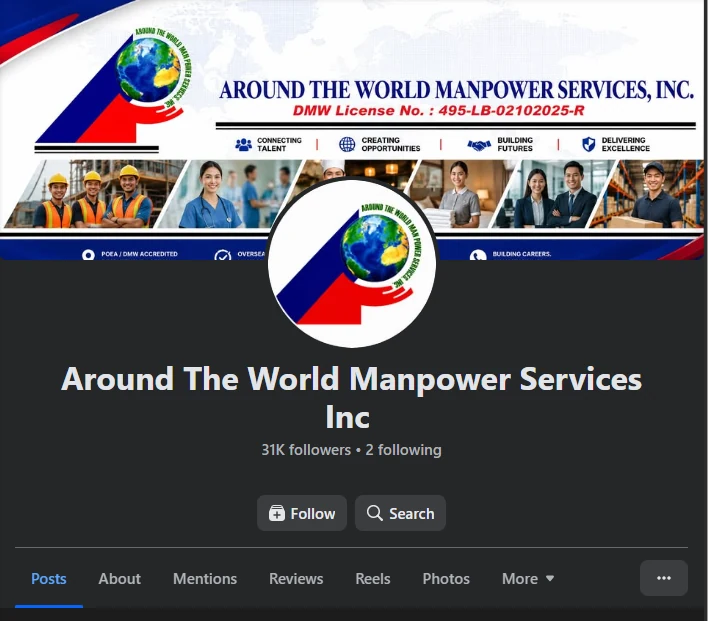 The Around The World Manpower Services Facebook page with its branded cover image
