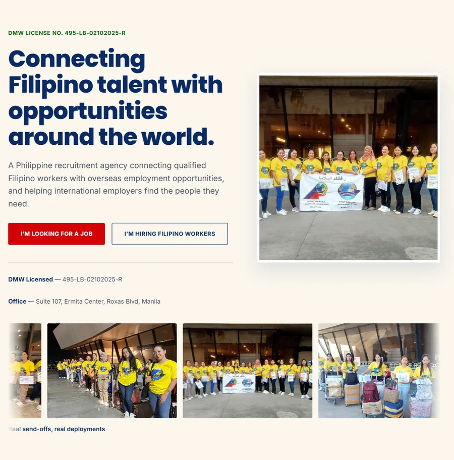 The Around The World Manpower Services website, showing its headline, two buttons for applicants and employers, and photos of real send-offs