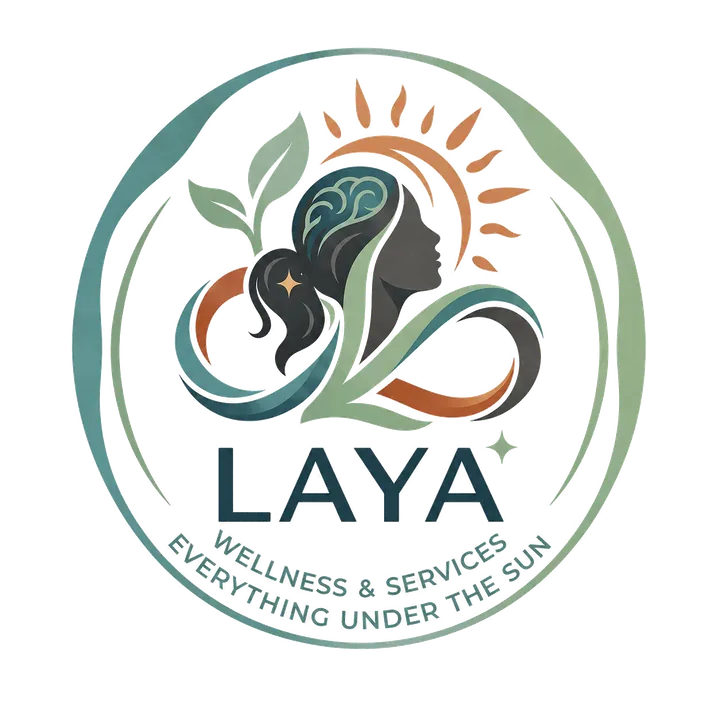 LAYA emblem: a woman in profile with leaves, a rising sun and flowing ribbons