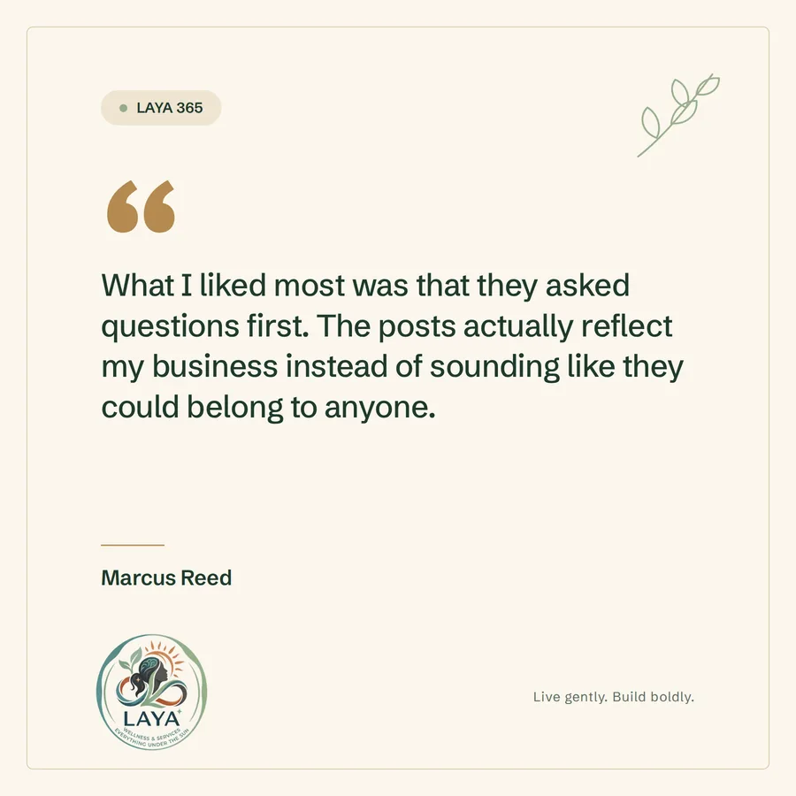 Testimonial from Marcus Reed: What I liked most was that they asked questions first. The posts actually reflect my business instead of sounding like they could belong to anyone.